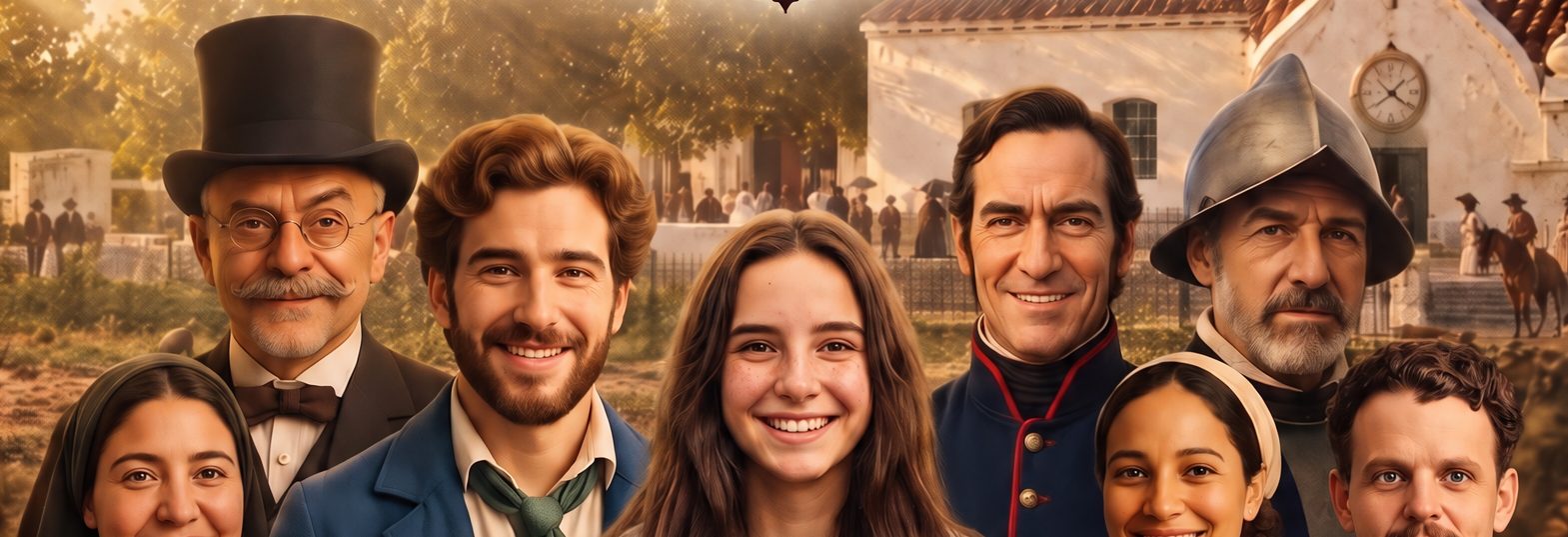 Fernanda sonríe rodeada de personajes históricos de Maldonado: Artigas, un conquistador, un caballero de galera y vecinos de época
